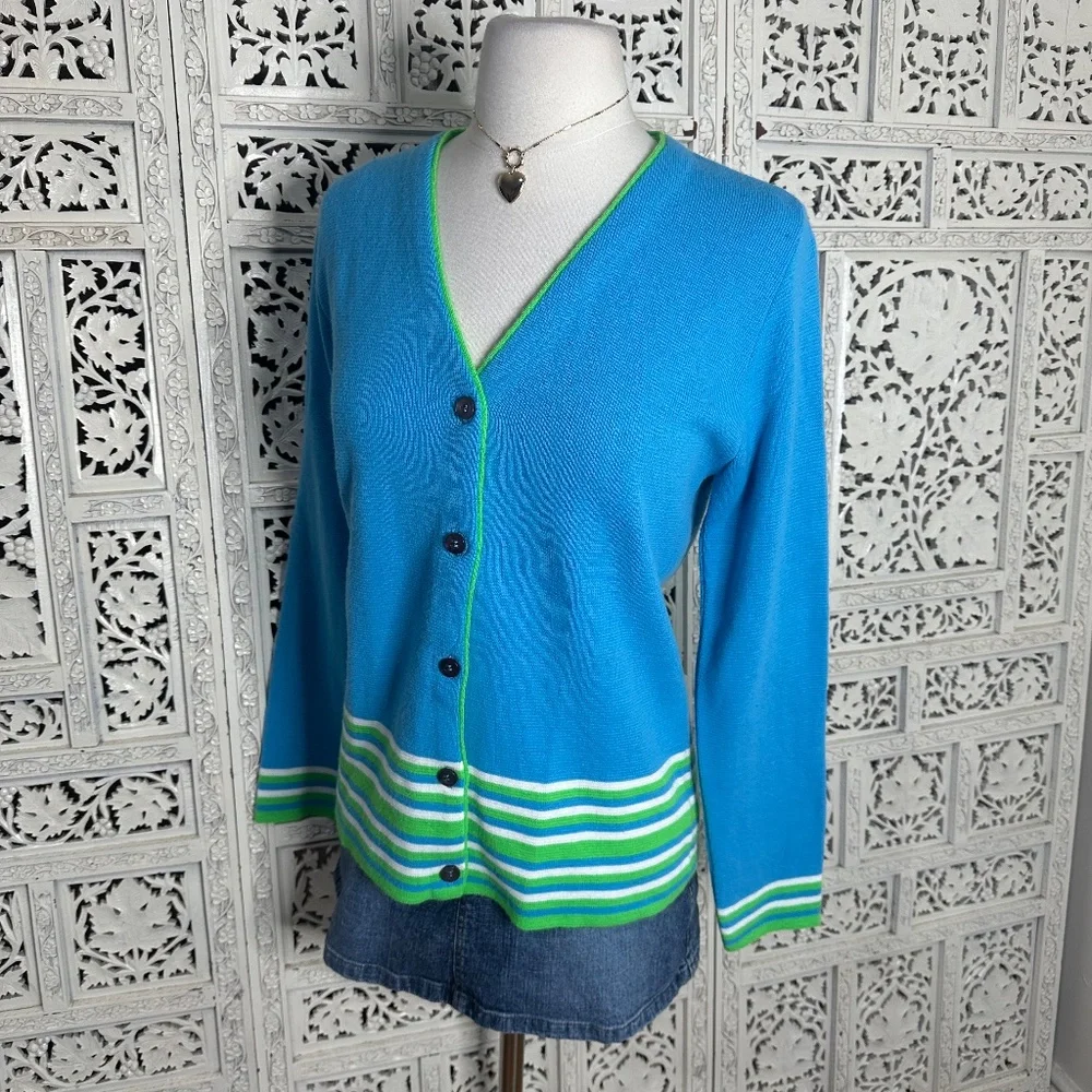 Vintage 70's Haymaker Blue‎ 7 Green Striped Preppy Golf Button Up Cardigan Sz M